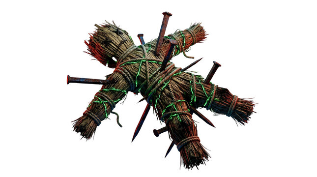 Witchcraft voodoo doll pierced with rusty iron nails wrapped in green twine isolated on white background for occult rituals and dark magic concept art