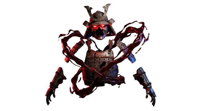 Ethereal samurai armor spirit floating with glowing red eyes and dark blood splatter effects isolated on a clean white background for fantasy gaming concepts