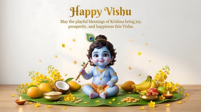 Baby krishna sitting on green leaf with fruits and flowers on vishu festival