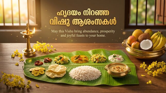 Traditional vishu sadhya kerala indian festive meal on banana leaf with food and flowers