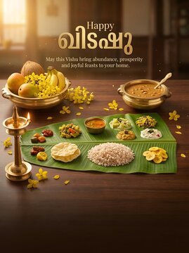 Traditional indian vishu sadya meal on banana leaf with decorations