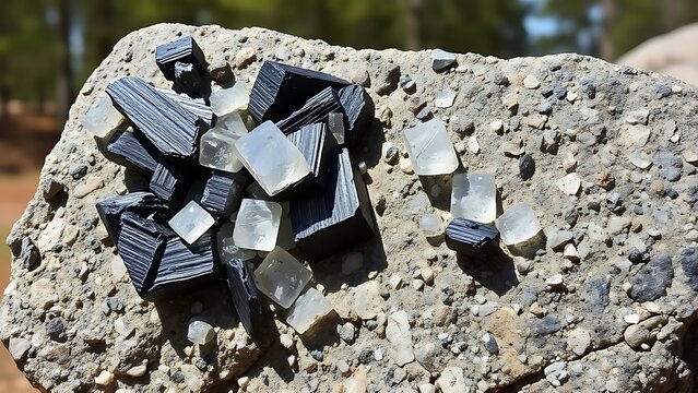 pegmatite. Granite pegmatite specimen with black tourmaline and white feldspar crystals. gardening catalogs, home-decor guides, designed for gardening and botanical catalogs, celebrates nature.