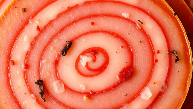 yanked. Close-up of a mortadella slice showing its marbled pattern of meat and fat. menu design, packaging mockups, designed for food delivery and cloud-kitchen brand materials, used by hr managers.