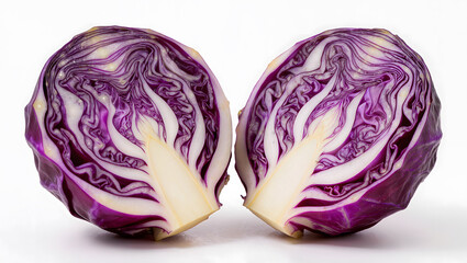 Obraz premium Halved Red Cabbage Showing Internal Cross Section Texture on White Background