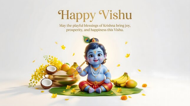 Baby krishna sitting on green leaf with fruits and flowers happy vishu festival