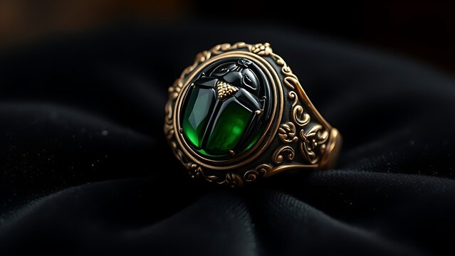 khepri. Ornate scarab beetle gemstone seal ring on black velvet with detailed carving. wildlife magazines, conservation campaigns, designed for eco-tourism storytelling, used by recruiters.