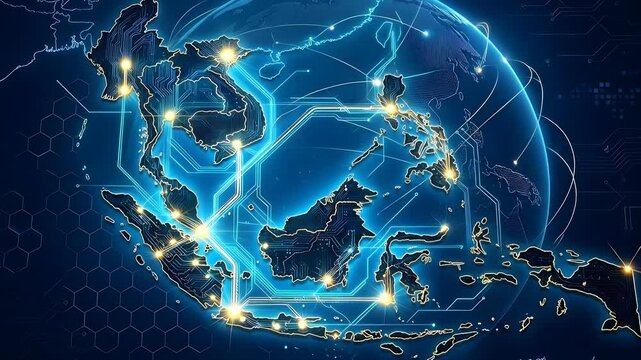 Futuristic Blue Digital Globe Connecting Asia With Glowing Network Lines And Circuit Board Patterns Illustrating Global Data Transfer And Technology
