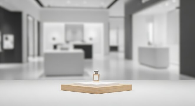 A small bottle sits on a white square platform in a blurred office interior