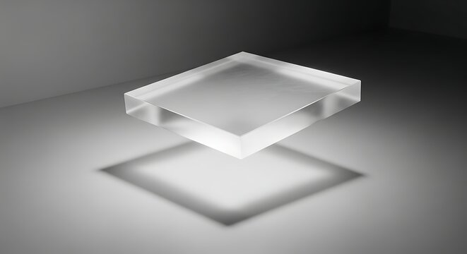 A shiny square object floats above a recessed square cutout in a dimly lit room with a gradient background