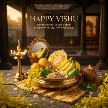 Traditional indian vishu festival celebration with fruits and decorations