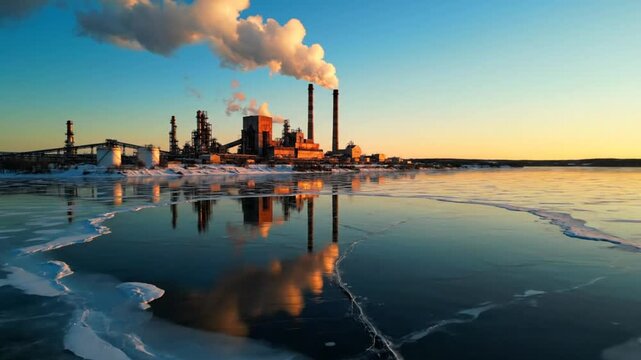 Industrial plant at sunset with smoke emissions over frozen lake environment pollution climate change concepts