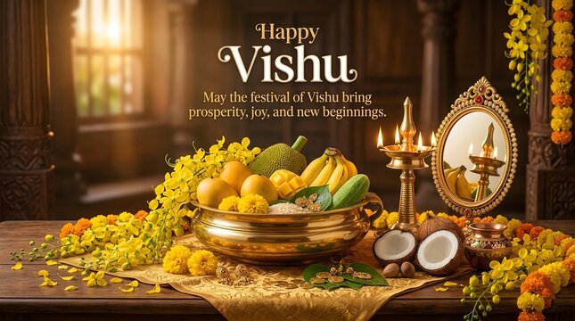Happy vishu festival celebration with traditional indian fruits flowers and decorations