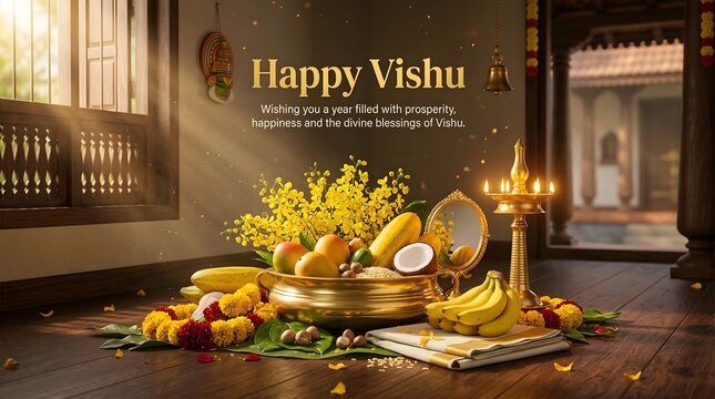 Traditional indian vishu celebration with fruits and flowers in golden decor