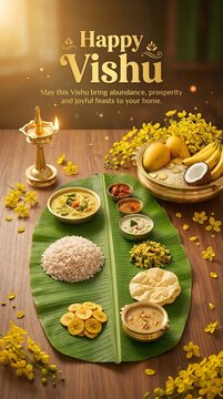 Traditional kerala vishu sadya feast on banana leaf with decorative items