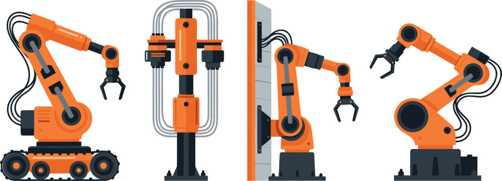 Industrial robotic arm vector set showing automated factory robots for manufacturing and engineering processes