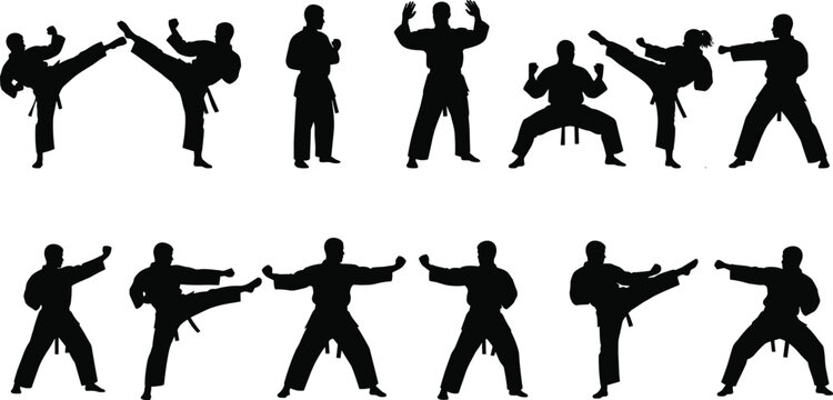 Vector illustration set of martial arts silhouettes with karate and taekwondo fighters in various combat poses and kicks isolated on white background for sports