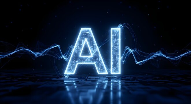 A futuristic glowing AI logo with neon blue lines on a dark background