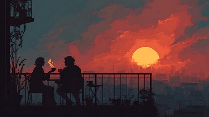 Naklejka premium Silhouetted couple enjoys warm beverages on an apartment balcony overlooking a massive setting sun above a sprawling metropolis