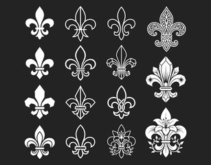 Elegant French Lily Icon Pack - White Line Art Fleur de lis Ornaments on Dark Background © duygu