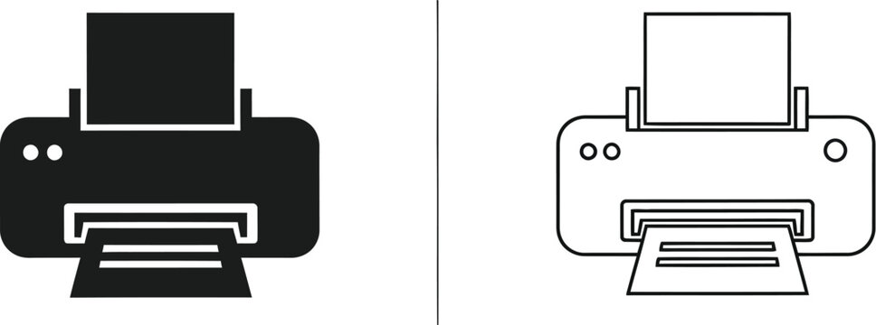 Black and white printer icons isolated on transparent background, Vector