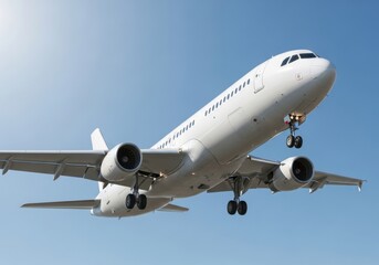 Fototapeta premium A white airplane flying through a clear blue sky