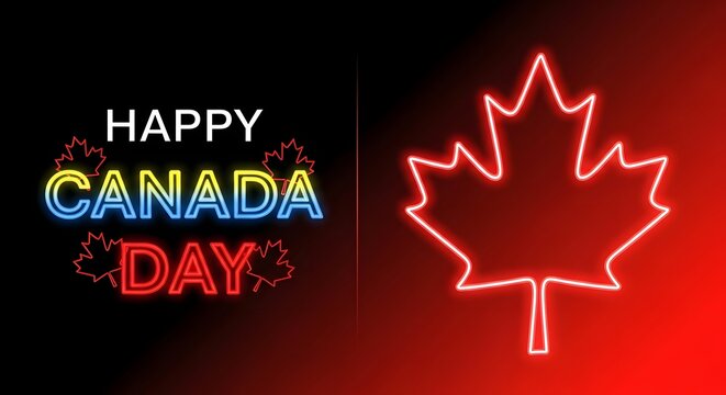 Vibrant happy canada day celebration with neon maple leaf and colorful text on gradient background