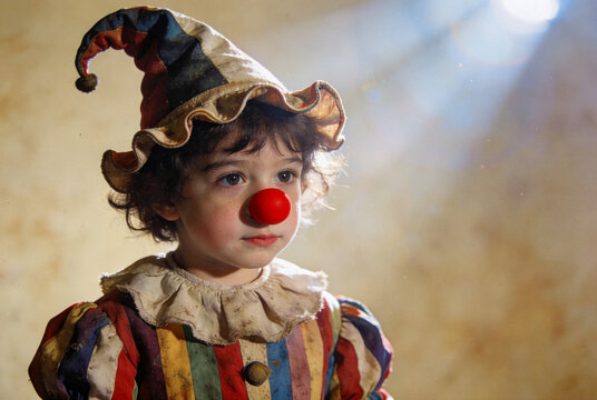 Innocent child portrait in vintage clown costume with stripes, classic hat, red nose, warm beige background, cinematic lighting, tyndall effect, shallow depth of field, art design