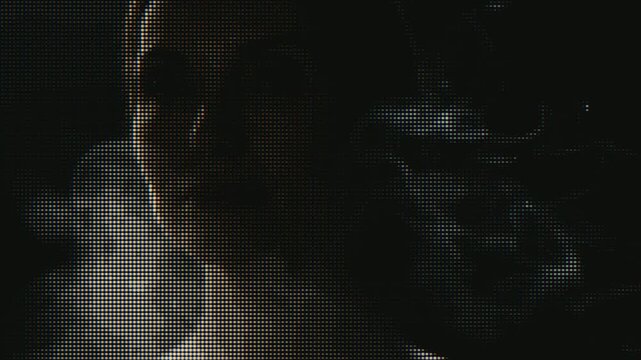 Close-up of a woman's face shrouded in smoke, rendered with a distinctive pixelated screen effect. This dramatic, moody shot evokes mystery and digital artistry.