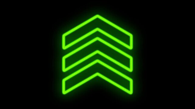 Yellow green neon glowing upward arrows loop animation on black background