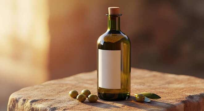 Elegant dark green glass bottle of premium extra virgin olive oil, corked and unlabeled, sits on weathered stone with ripe olives and leaf, warm golden hour light.