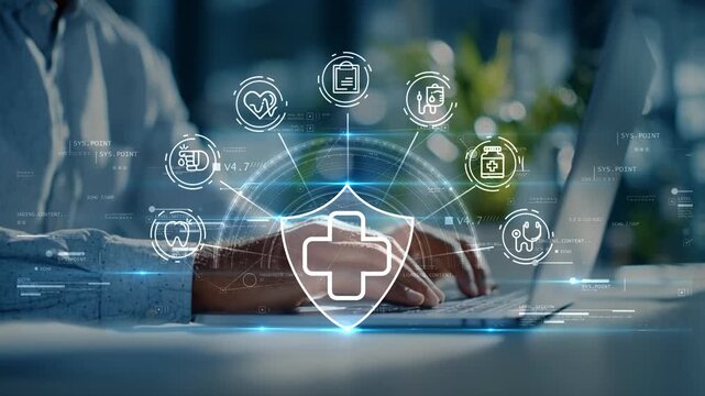 Doctor using laptop as glowing medical shield icon connects treatment, dental care and health services, illustrating integrated digital healthcare and patient safety