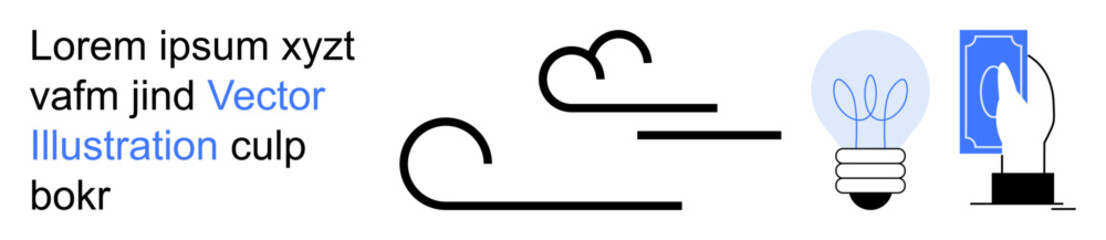 Innovation, creativity, renewable energy, modern technology, environmental ideas, sustainable solutions. Hand holding a card, light bulb and abstract wind symbol. Innovation and creativity concepts © robu_s