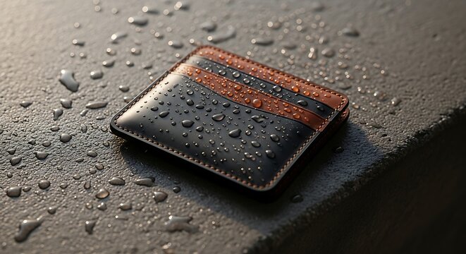 A stylish leather cardholder, a minimalist accessory with distinct stripes, rests on a wet, textured surface, showcasing its durable design in soft, natural light.
