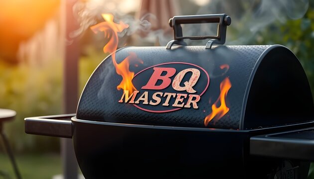 Close-up of a black barbecue grill with vivid flames rising from inside. The grill lid has a textured surface and a sturdy handle. Bold red and white logo &ldquo;BQ MASTER&rdquo; is displayed prominently on the l
