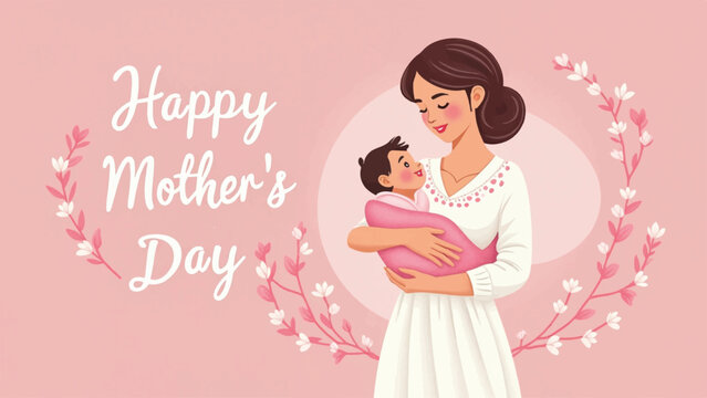 Mother's Day illustration of mother holding baby vector