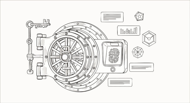 Concept illustration of a robust bank vault door, representing data security, information protection, and digital asset management with abstract elements.