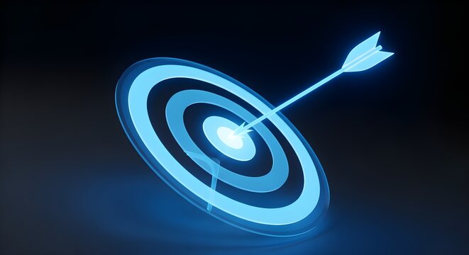 A glowing blue target with an arrow hitting the center bullseye in a dark background