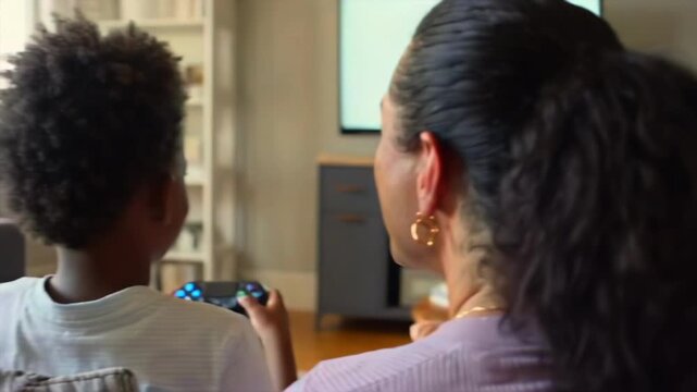 Parents and kid share joyful play. Family members relax and have fun with gaming session. Parent and child create cherished memories during playful video game experience on sofa
