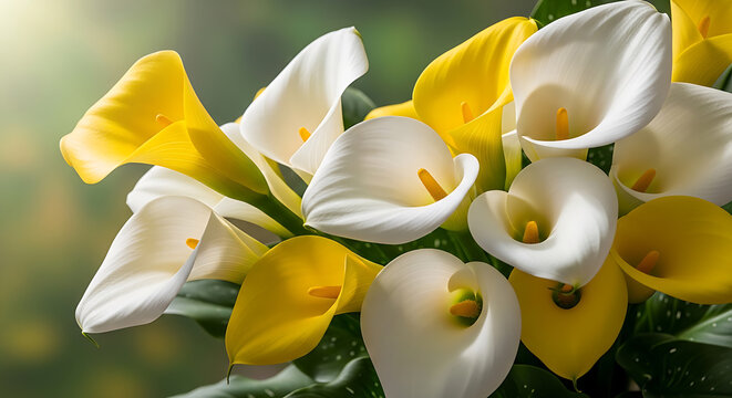 A vibrant cluster of calla lilies with yellow and white petals on transparent background