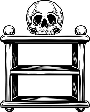 SVG skull with ancient codex and engineers tattoo design vector. Ornate Shelf with Skull Top Decoration for Gothic Home D�cor