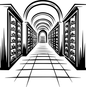 SVG skull with ancient codex and engineers tattoo design vector. Black and White Illustration of an Empty Gallery Corridor with Shelves