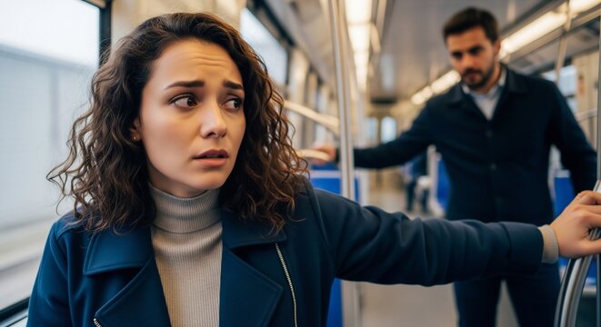 Young Woman Feeling Unsafe and Anxious on a Subway Train, Looking Over Her Shoulder with Fear as an Unfocused Man Stands in the Background