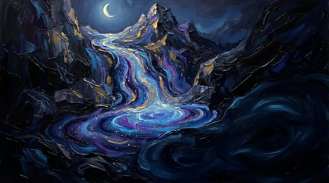 abstract fractal background,Surreal Galaxy River Moonscape Painting: Glowing Cosmic Swirls through Dark Rocky Mountains with Crescent Moon