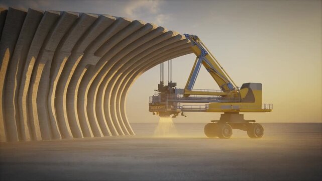 Large-Scale 3D Concrete Printer Building Wave Structure at Sunset Generative AI