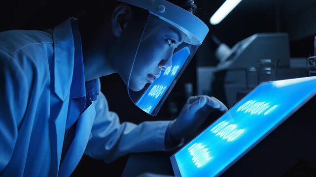 Technician in lab coat and face shield examines glowing screen closely in dark room