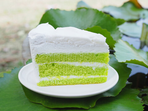 A pandan cake topped with young coconut custard is placed on a plate. It has a vibrant green color, looks appetizing, and tastes wonderfully sweet and soft.