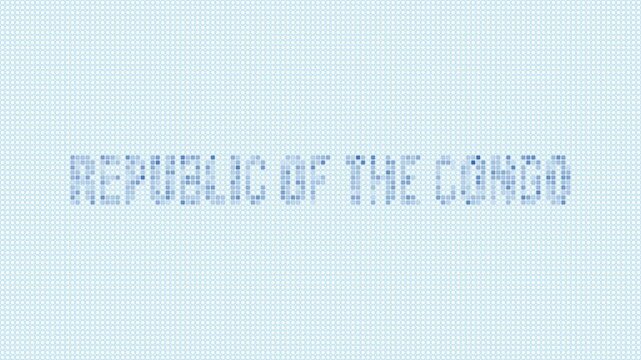 Republic of the Congo dotted map animation. Digital style shape of the country. Republic of the Congo shape and title dots appear with bulb flickering effect. Intro, outro, logo, title video.