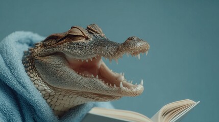 Fototapeta premium Close-up of a crocodile wearing a blue hooded sweatshirt and reading a book with its mouth open. A whimsical, humorous conceptual image ideal for creative storytelling and education themes.