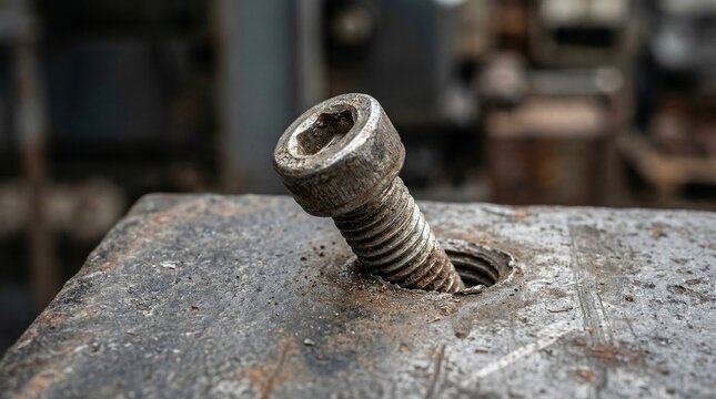 Loose Industrial hex bolt in a metal hole. Macro photography showing worn textures metallic grit and engineering details for mechanical repair.