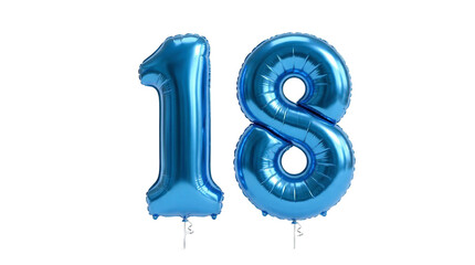 Blue foil balloons forming number 18 for birthday, anniversary, or coming of age celebration on white background, blue balloon © AsmArif